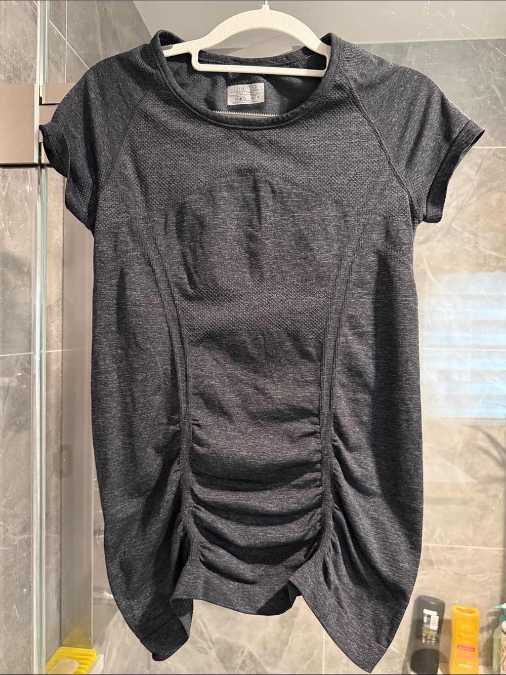 Athleta Fastest Track Tee in a dark gray heather color ruched Size S